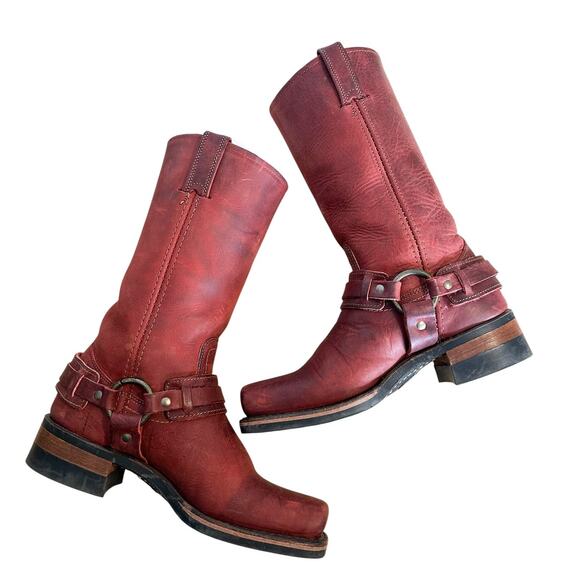 Frye Vintage Red Leather Square Toe Harness Boots 8 - Picture 11 of 12